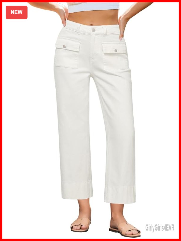 High Waisted Wide Leg Cropped Stretch Denim Jeans With Patch Pockets